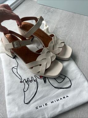 Chie Mihara Ivory Braided Leather Block Heel Sandals NWT